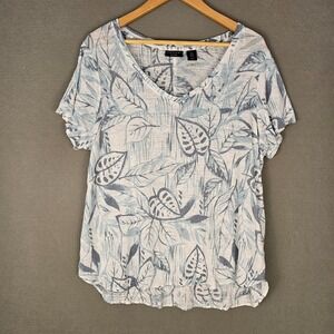 Tahari 100% Linen Knit Tee Top Womens‎ 1X Plus Blue Botanical Floral Lightweight